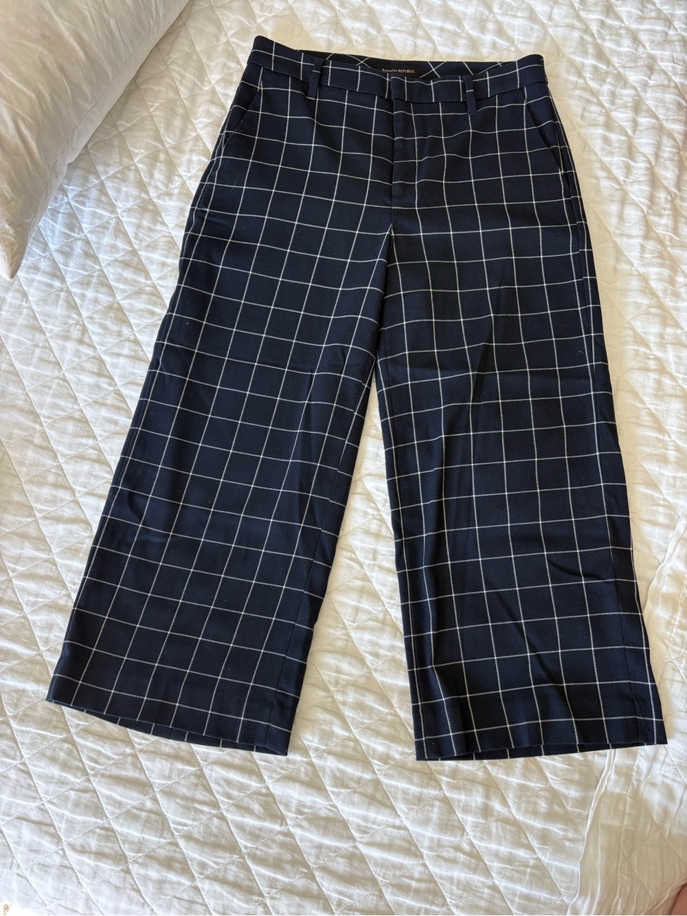 Banana Republic Navy Wide-Leg Windowpane Cropped Pants
